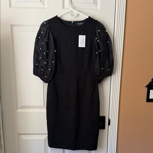 kate spade Black Puff-Sleeve Pearl-Embellished Mini Dress